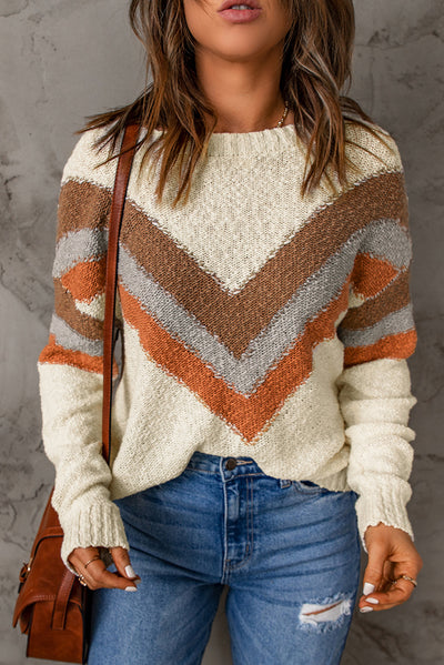 Beige Chevron Striped Drop Shoulder Sweater