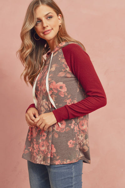 Floral Hacci Sleeved Contrast Hoodie With Drawstrings