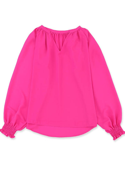 Rose Pleated V Neck Puffy Sleeve Blouse