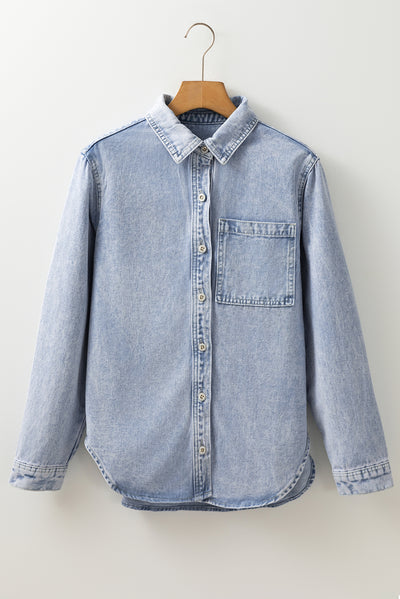 Beau Blue Long Sleeve Buttoned Chest Pocket Denim Shacket