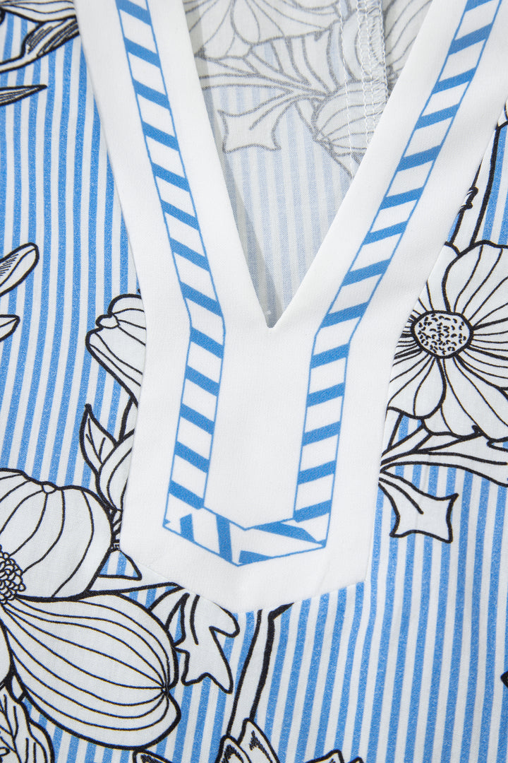 Sky Blue Floral Striped Printed Polo Collar Short Sleeve Blouse