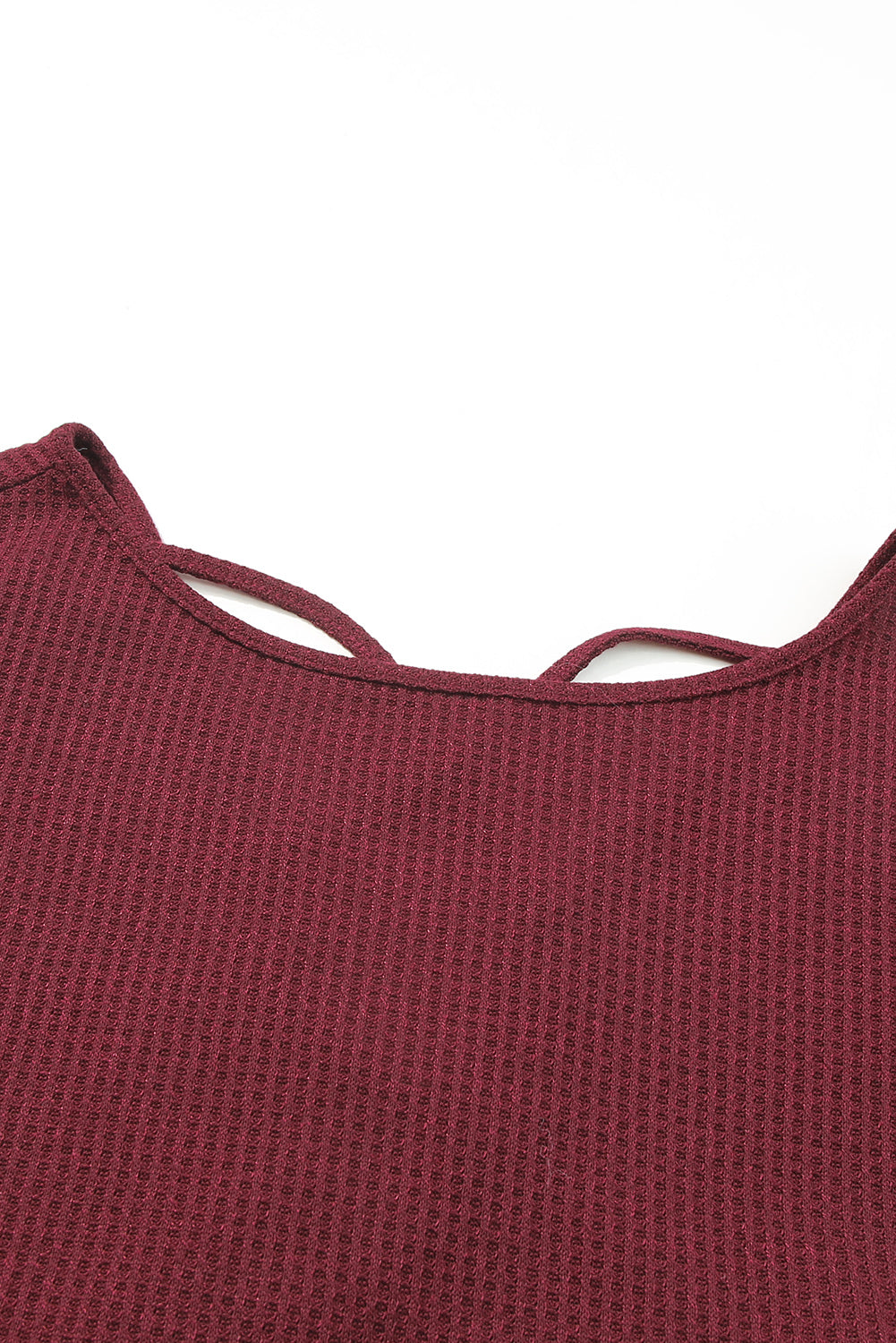 Burgundy Sequin Patchwork Sleeve Open Back Waffle Knit Top