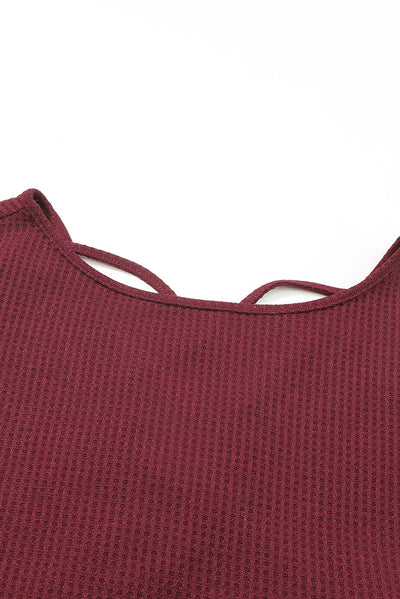 Burgundy Sequin Patchwork Sleeve Open Back Waffle Knit Top