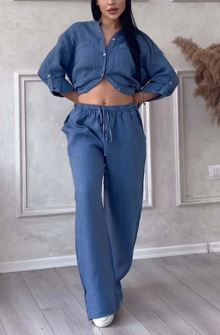 Wide-Leg Pants &amp; Lace-Up Top Two-Piece Set – Solid Color, 12 Colors S–5XL