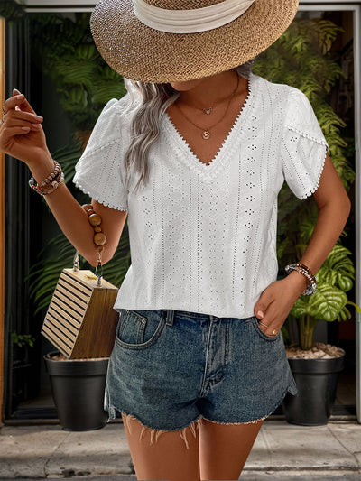 Perfee Eyelet V-Neck Petal Sleeve Blouse