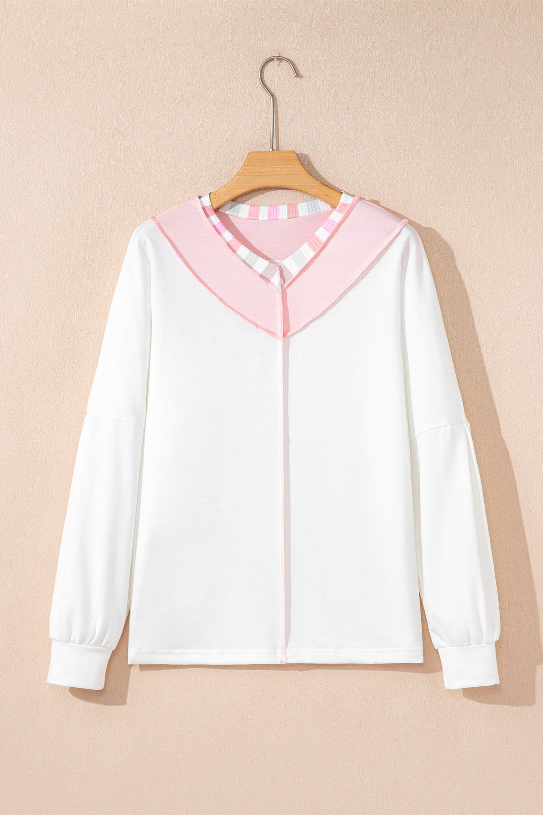 White Exposed Seam Rainbow Stripe Color Block V Neck Loose Long Sleeve Top