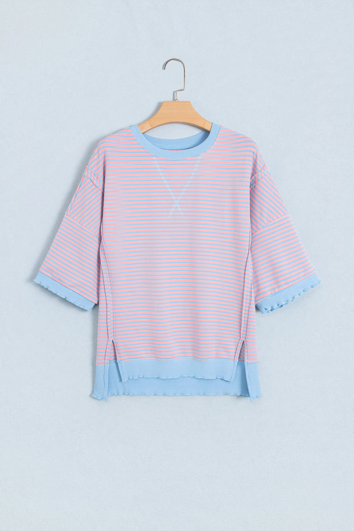 Sky Blue Stripe Colorblock Scalloped Trim Loose 3/4 Sleeve Top