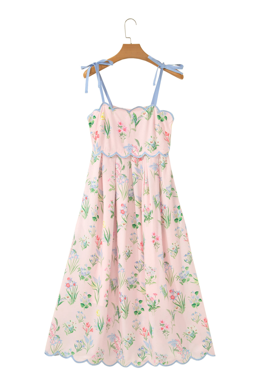 Beige Floral Print Contrast Trim Self-tie Straps High Waist Midi Dress