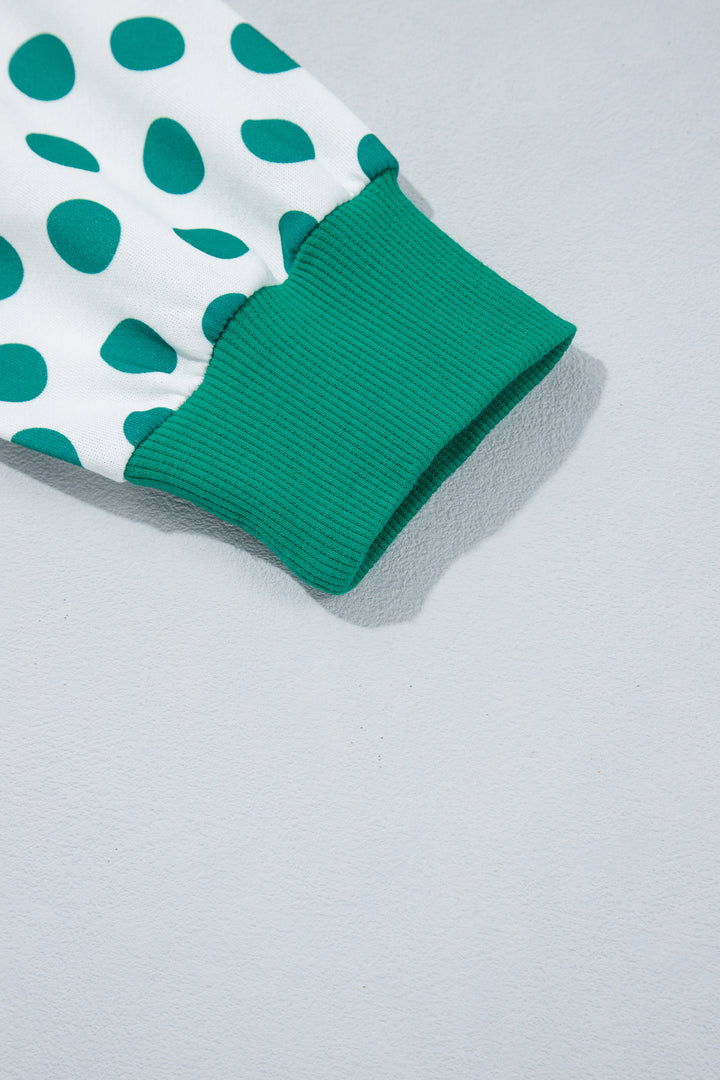 Green Polka Dot Patchwork Sleeve Crew Neck Loose Pullover Sweatshirt