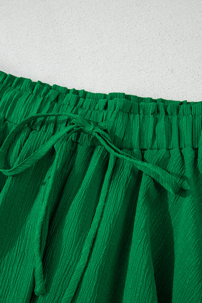 Dark Green Textured Frilled Lace-up High Waist Ruffle Wide Leg Shorts