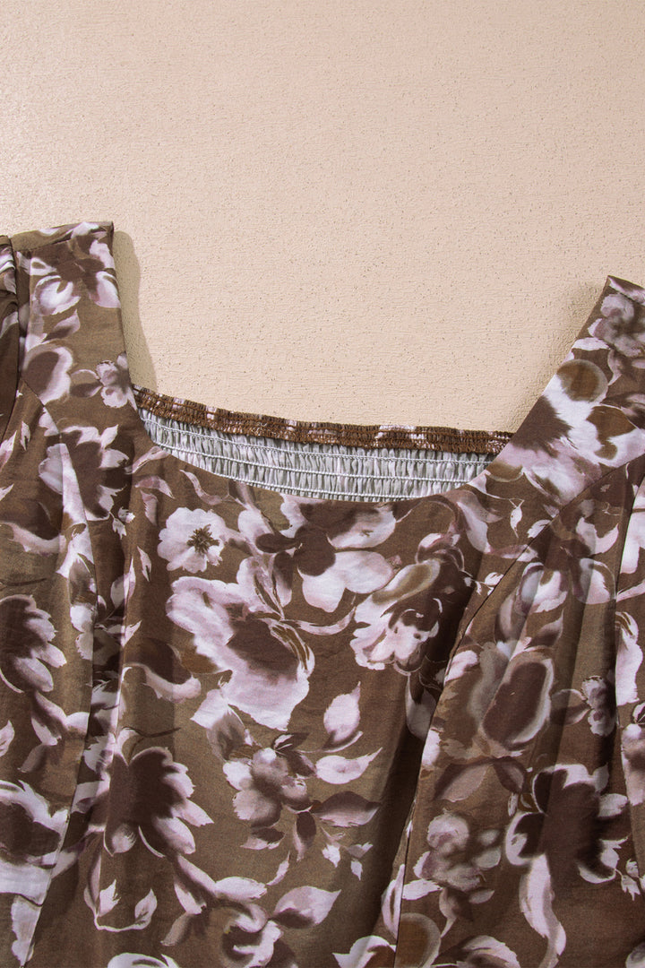 Brown Abstract Floral Print Square Neck Long Sleeve Mini Shift Dress