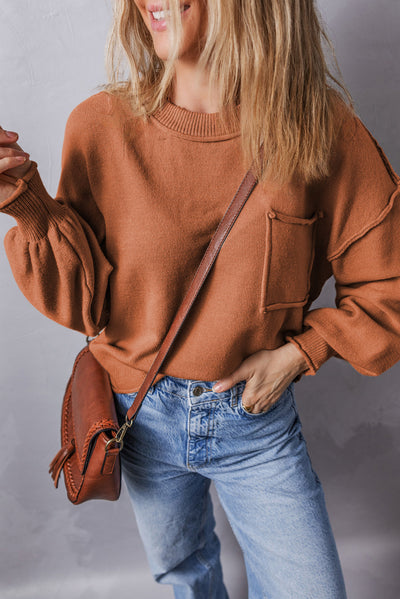 Apricot Raw Edge Patch Pocket Exposed Seam Loose Sweater