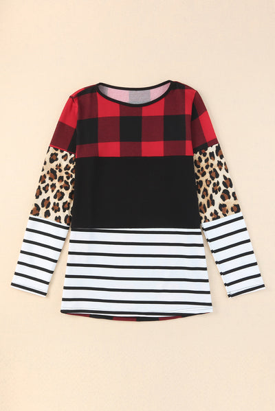 Plaid Print Leopard Splicing Striped Color Block Long Sleeve Top