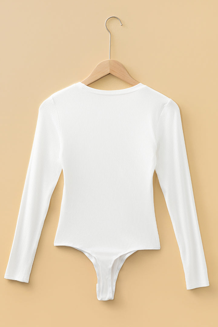 Black Ribbed Long Sleeve Crew Neck Solid Color Bodysuit