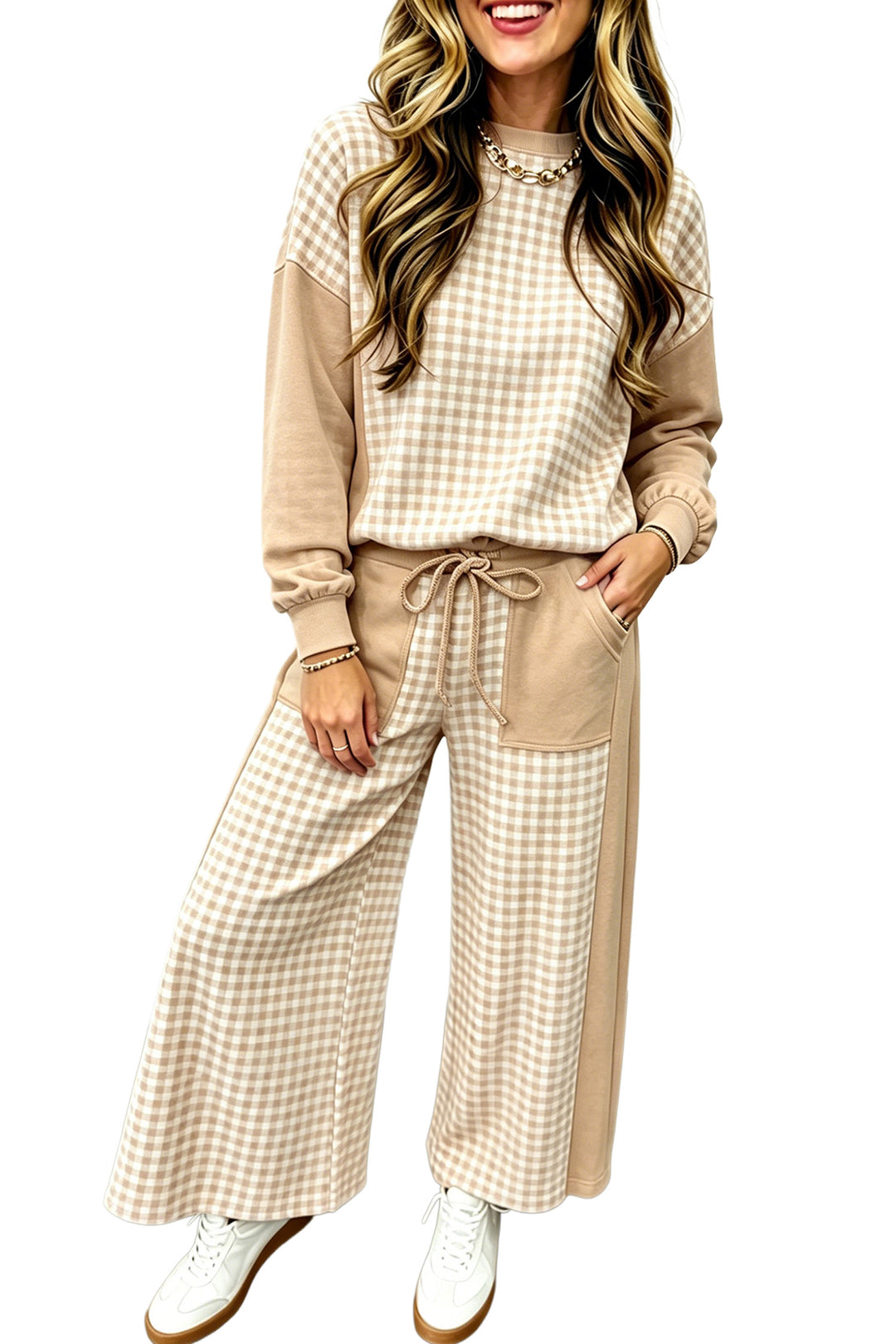 Red Color Block Plaid Patchwork Long Sleeve Pullover Wide Leg Pant Set
