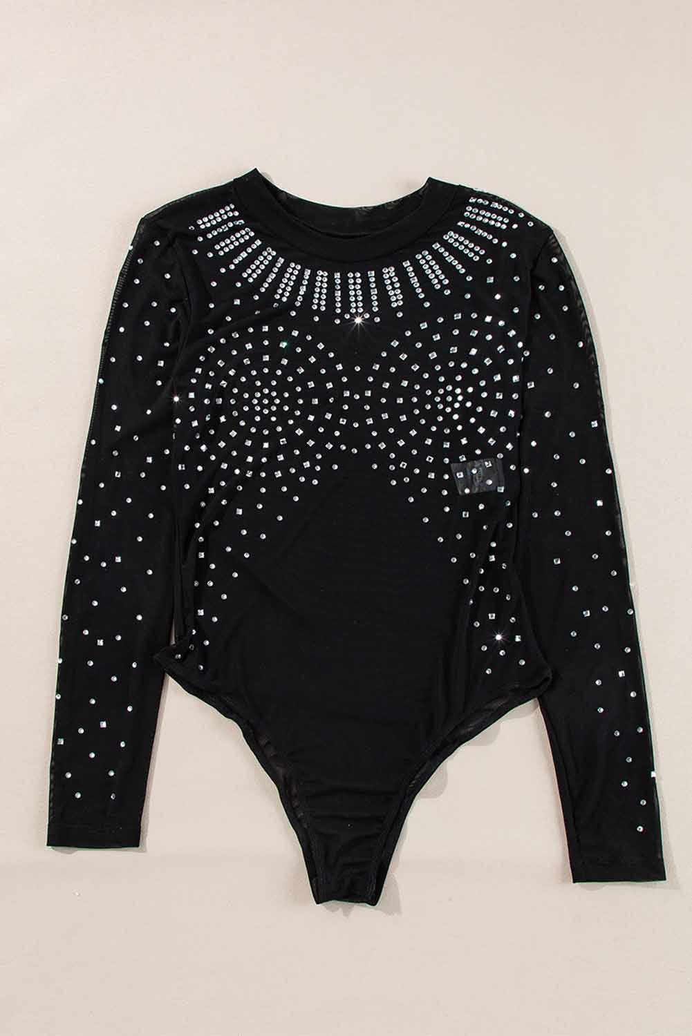 Black Rhinestone Sheer Mesh Long Sleeve Bodysuit