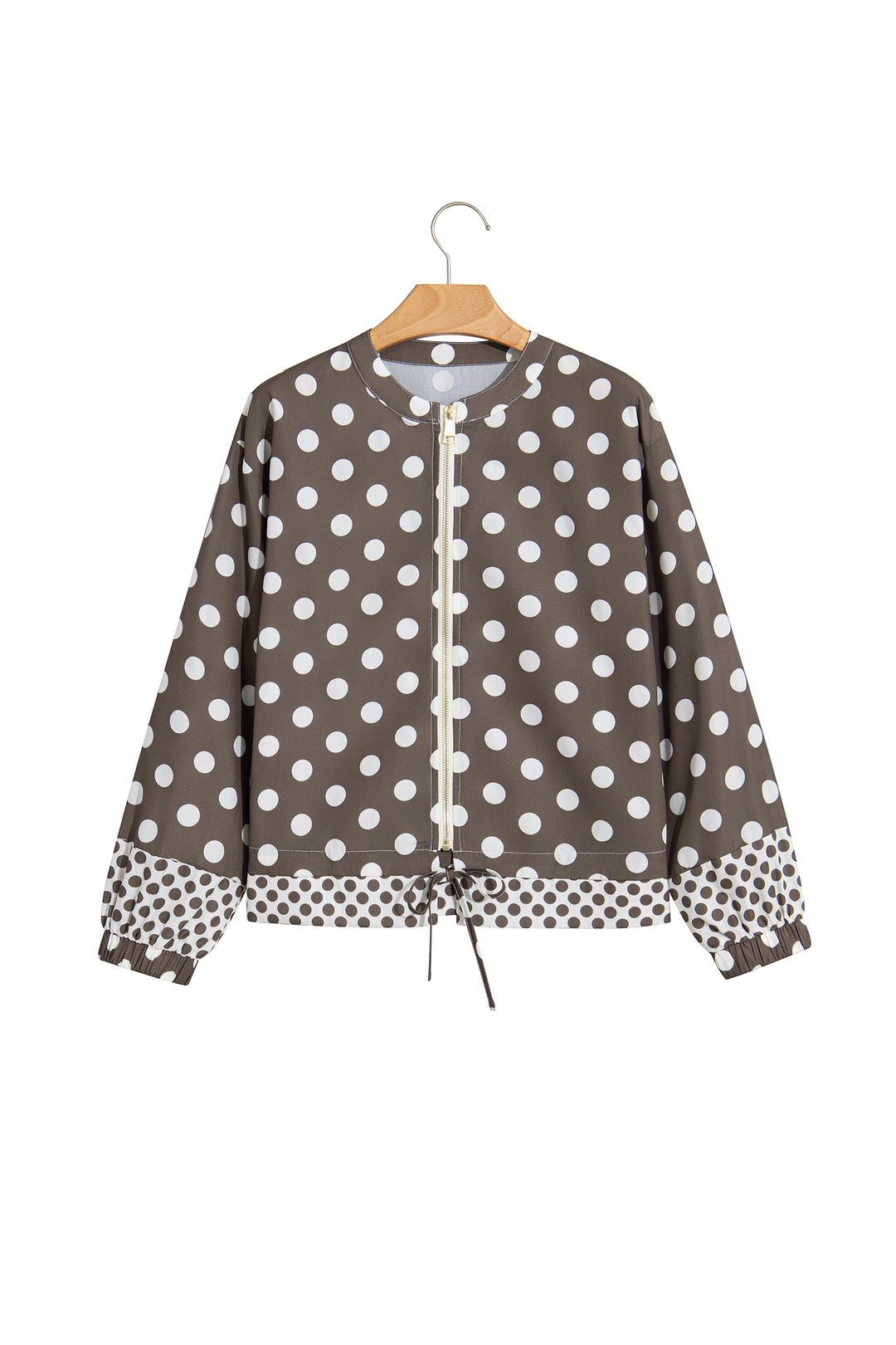 Brown Polka Dot Contrast Detail Zip-Up Long Sleeve Shacket