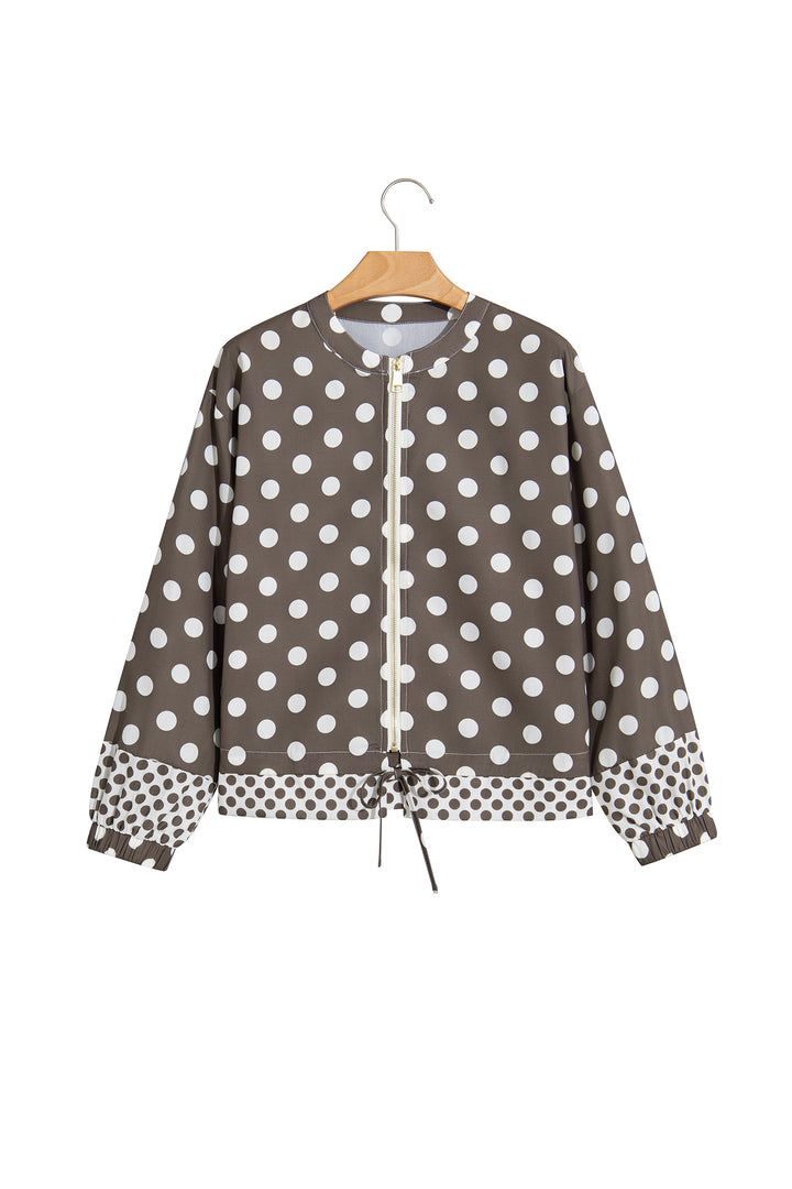 Brown Polka Dot Contrast Detail Zip-Up Long Sleeve Shacket