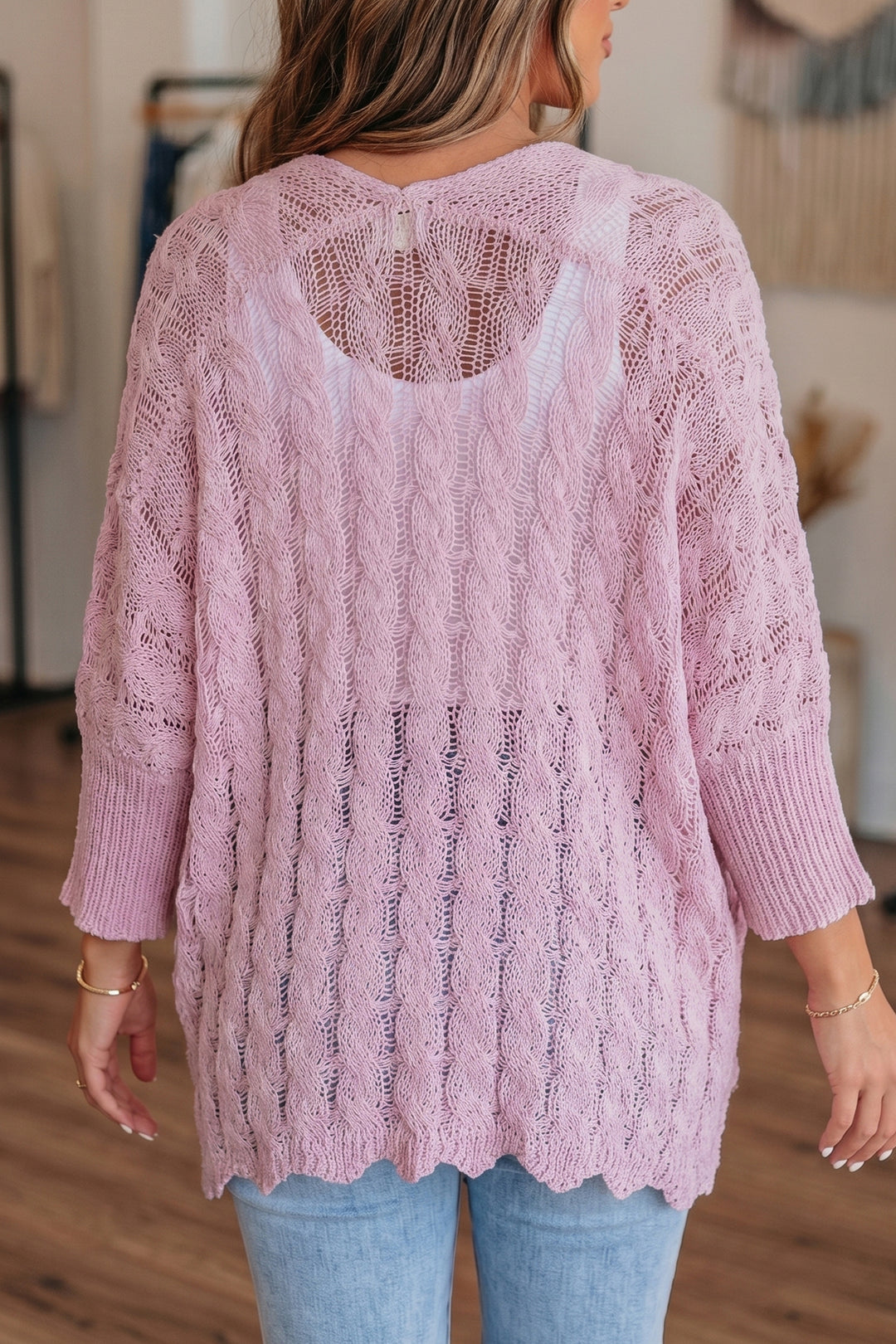 Old Rose Hollowed Pattern Knit Drop Shoulder Open Sweater Cardigan