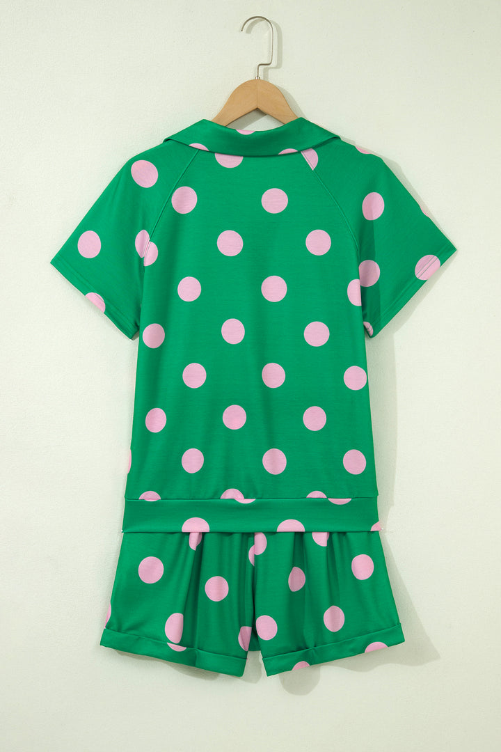 Beige Polka Dot Print V Neck Tee Short Set