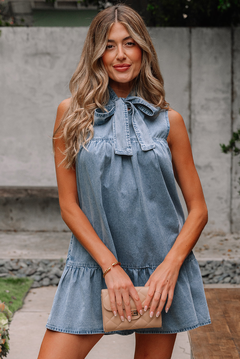 Clare Sleeveless Ruffled Chambray Dress