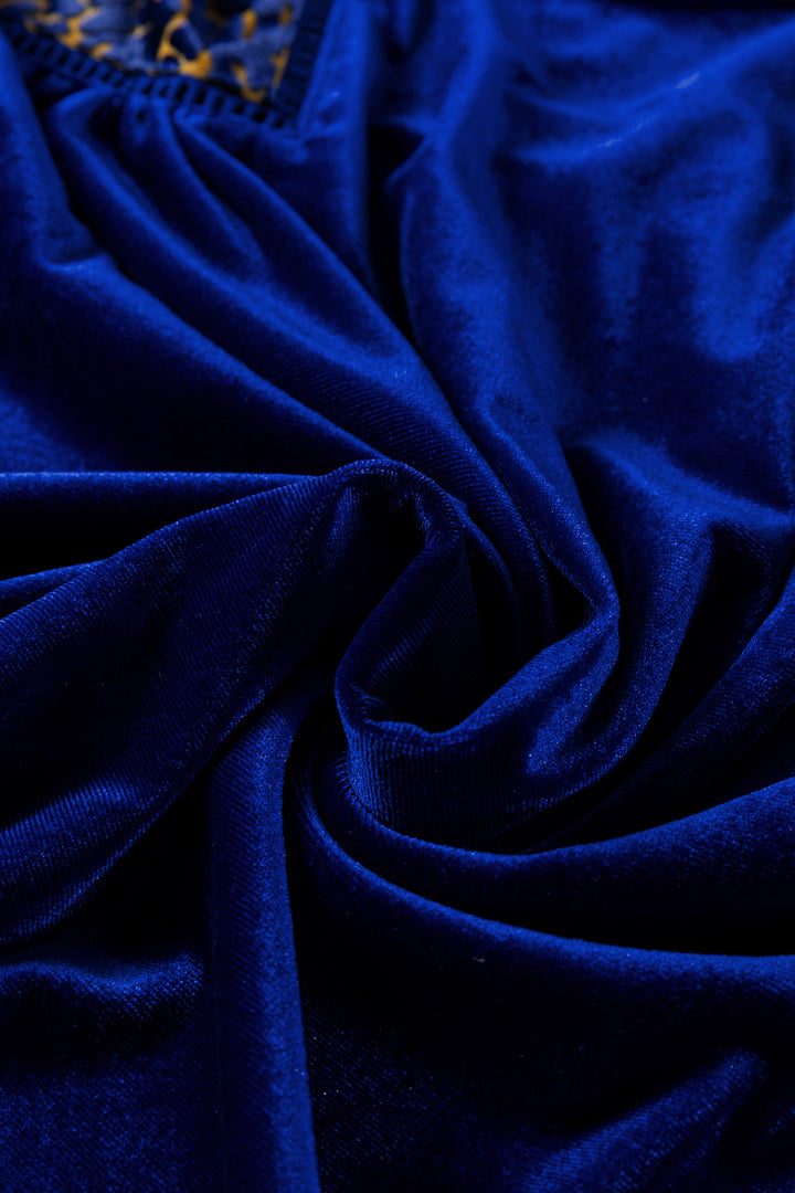 Sky Blue Leopard Patchwork Shoulder Flounce Sleeve Velvet Blouse