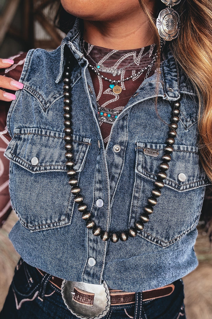 Ashleigh Blue Solid Denim Button Front Pocket Sleeveless Cowboy Vest