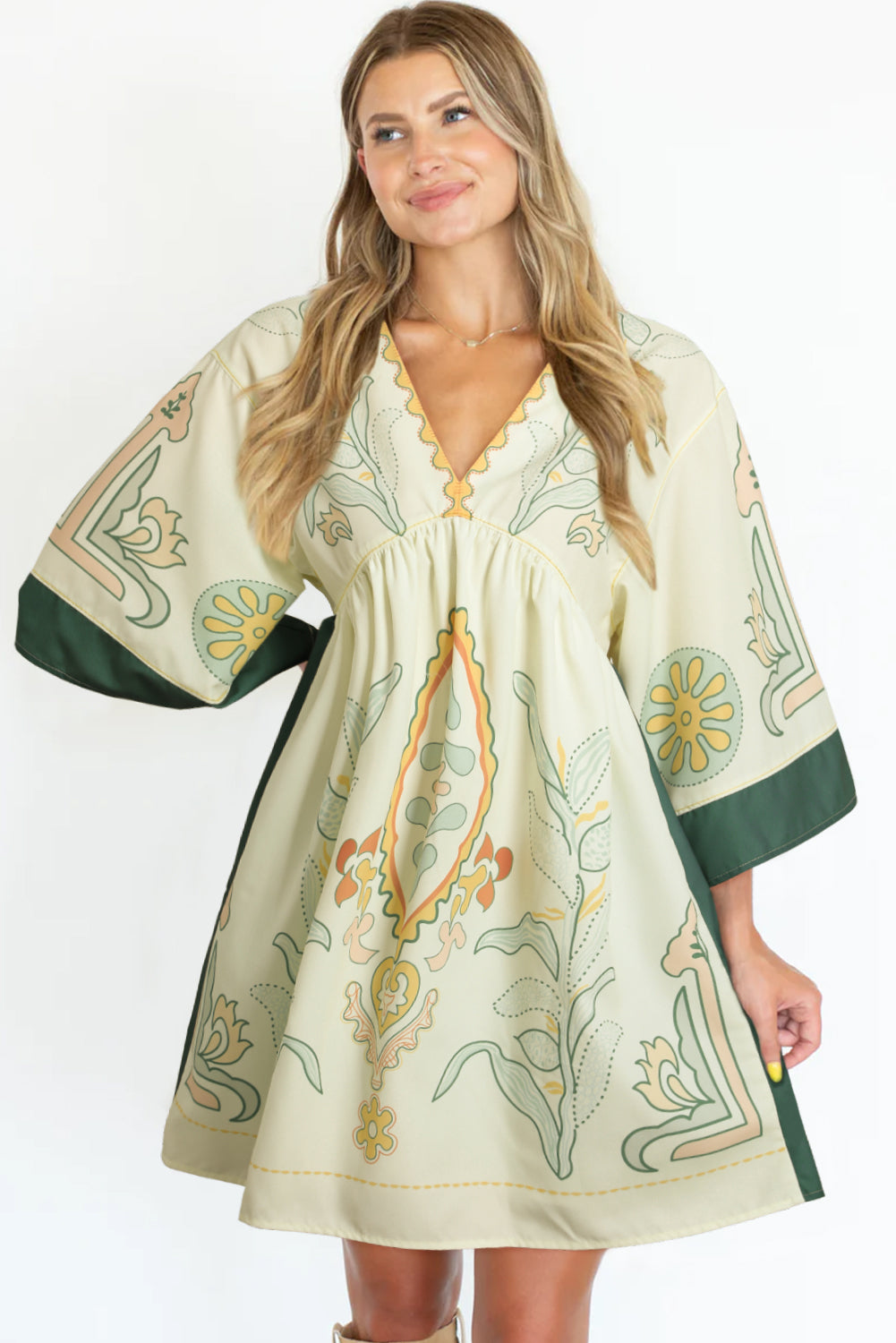 Multicolour Boho Print V Neck Empire Waist Short Kimono Dress