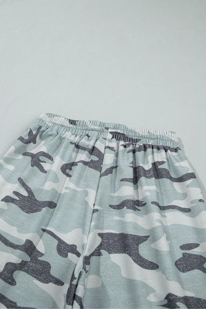 Green Camo Wide Leg Tie Elastic Waist Casual Pants