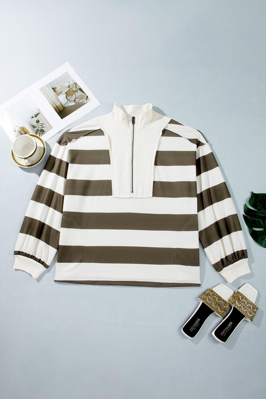 Green Stripe Plus Size Half Zipped Casual Sweatshirt