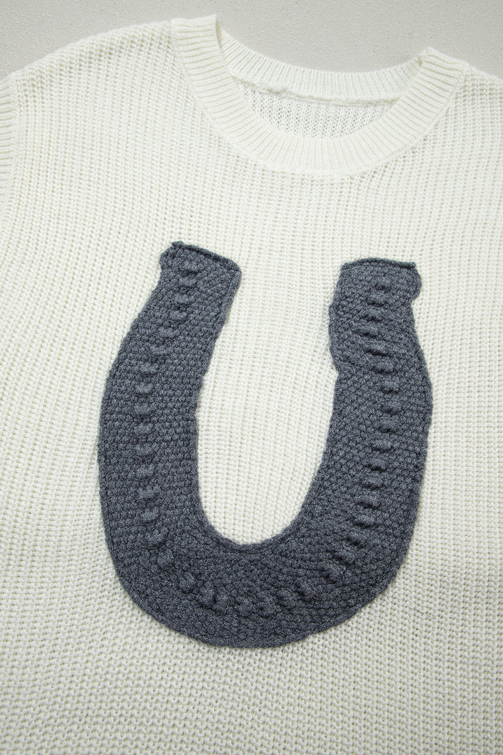 Turquoise Crochet Horseshoe Short Sleeve Knit Sweater