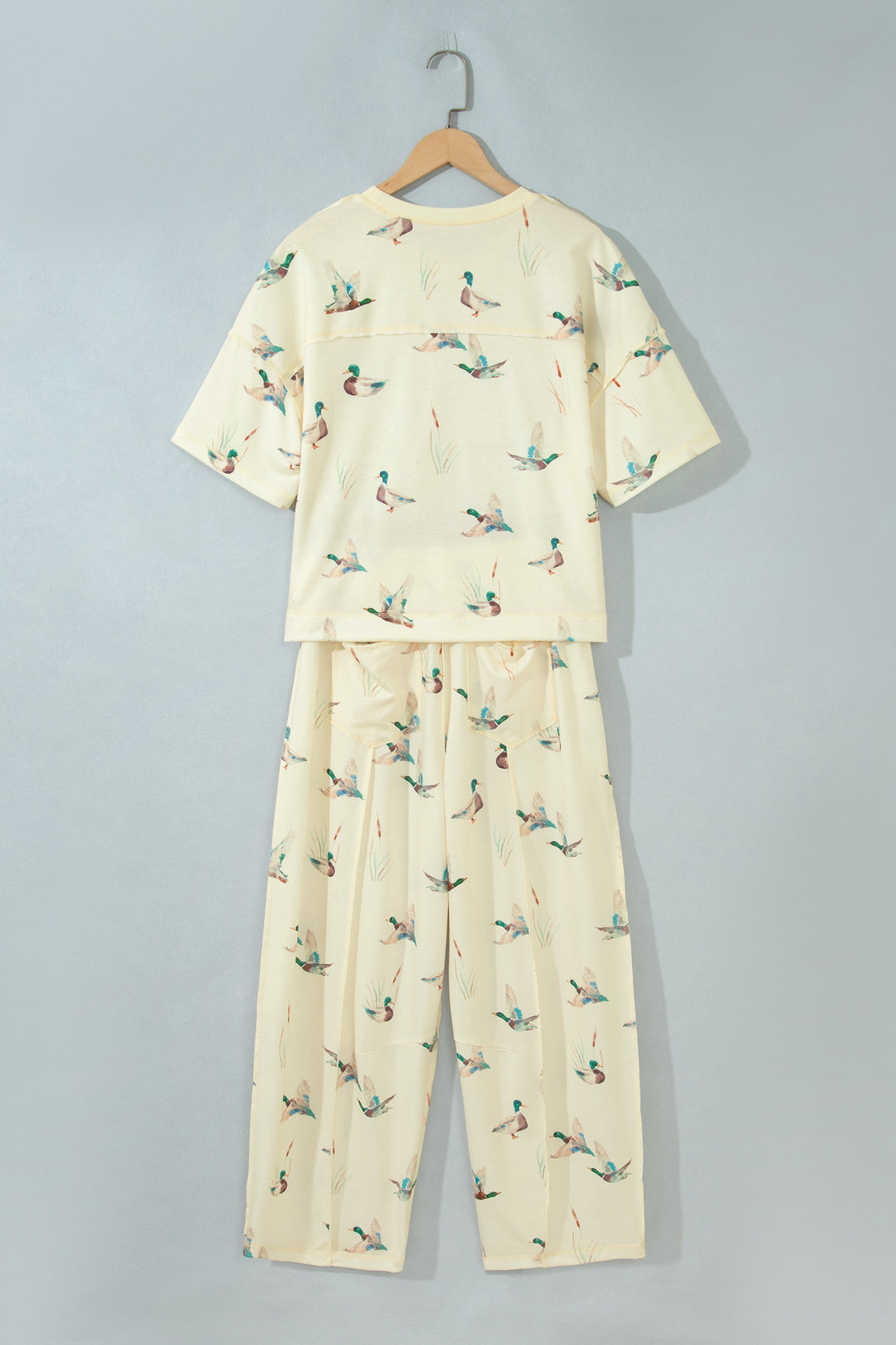 Beige Duck Print Short Sleeve Top Pocket Pants 2pcs Casual Set