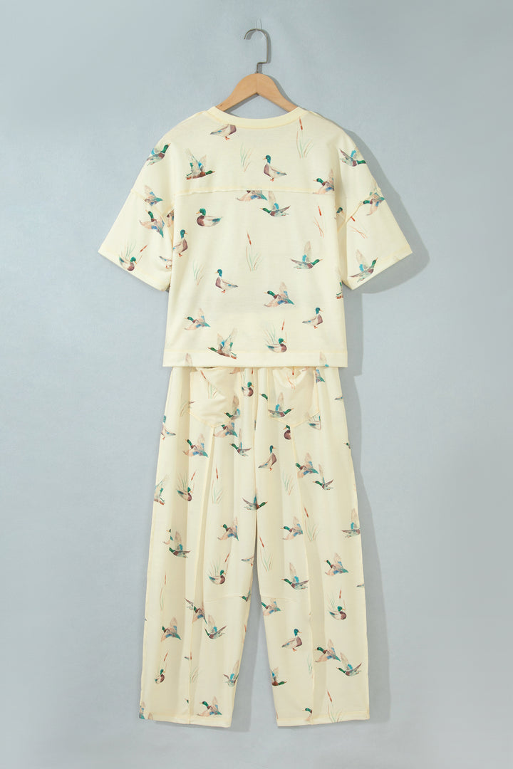 Beige Duck Print Short Sleeve Top Pocket Pants 2pcs Casual Set