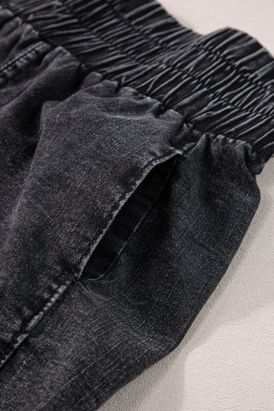 Black Smocked High Waist Mineral Washed Jean Shorts