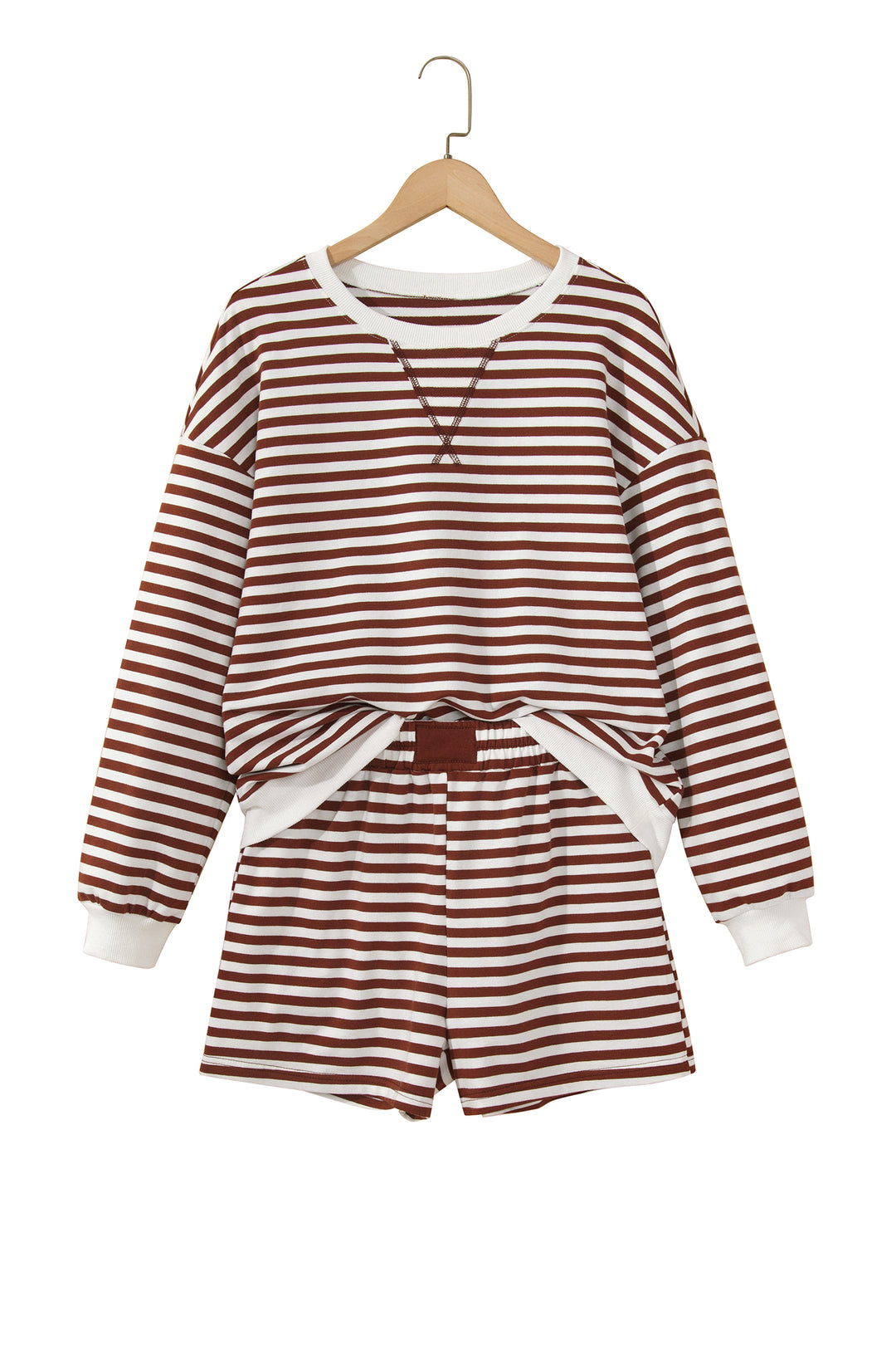 Grapefruit Orange Drop Shoulder Long Sleeve Pullover Elastic Waist Casual Short Set