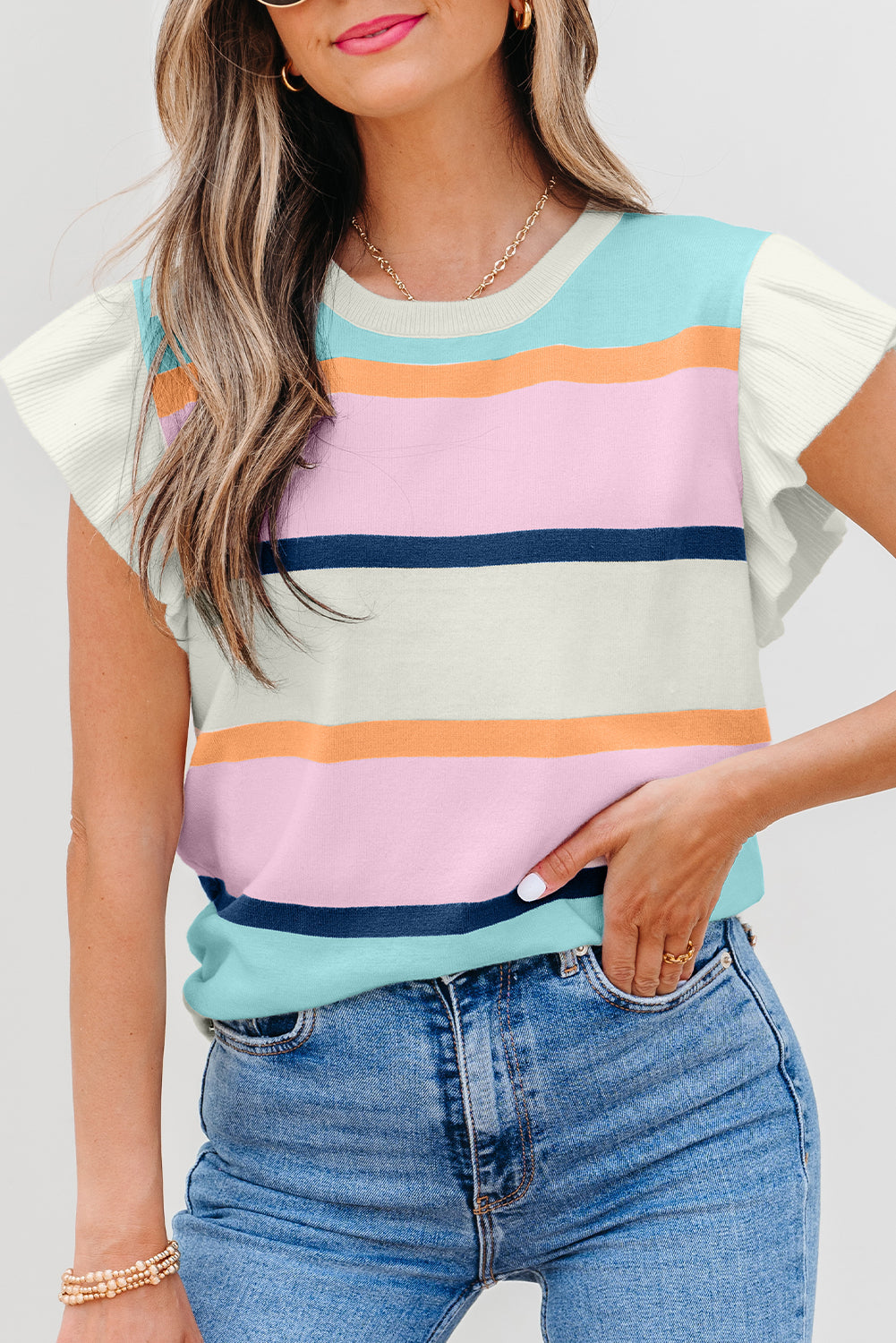 Yasmin Striped Flutter Sleeve Patchwork Top