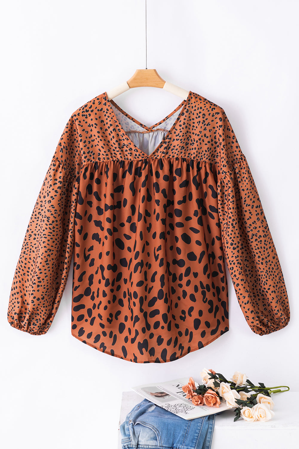 Brown Contrast Leopard Print Bubble Sleeve Blouse