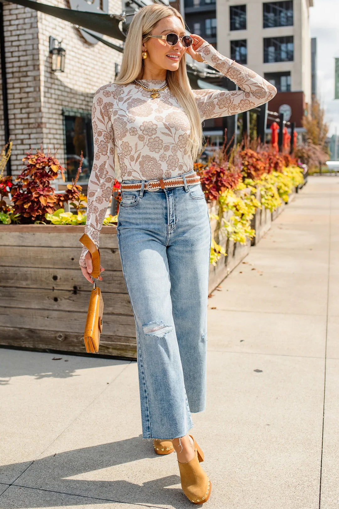 Brown Thumbhole Long Sleeve Floral Print Mesh Top