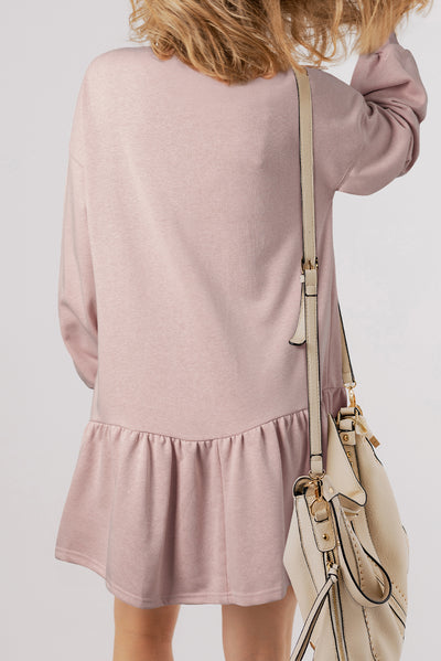 Dusty Pink Solid Color Puff Sleeve Ruffle Hem Mini Dress