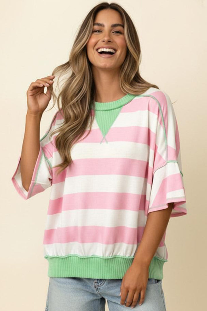 Green Stripe Exposed Seam Ribbed Patchwork Oversized Tee