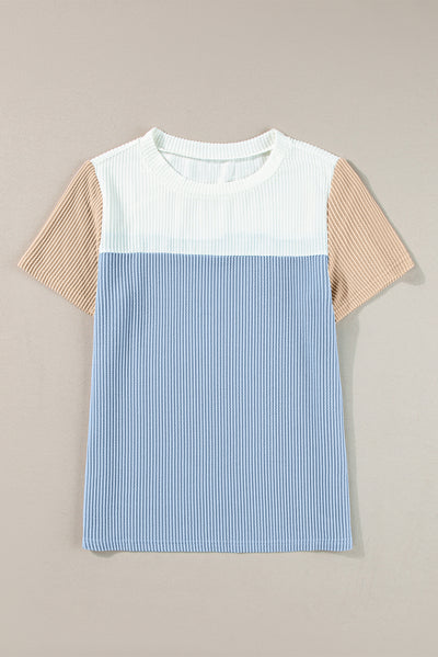 Light Blue Rib Textured Colorblock T Shirt