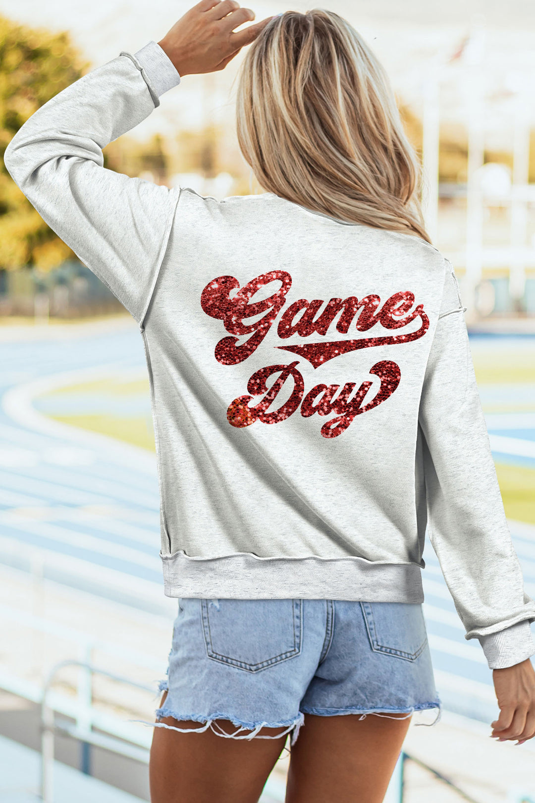 Light Grey Football Patch Sequin Game Day Lettering Mock Neck Tunic Sweatshirt