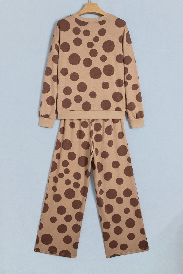Khaki Polka Dot Long Sleeve Top Drawstring Relaxed Pants Set