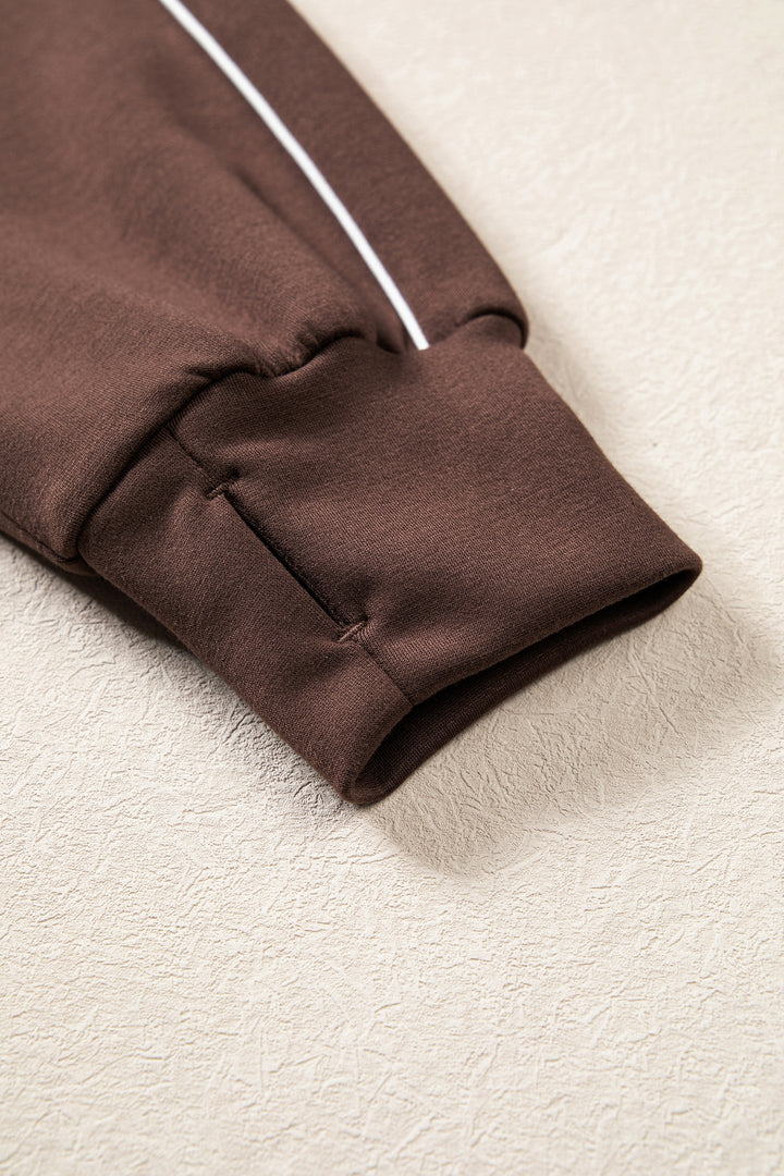 Coffee Sporty Piping Trim Mock Neck Pullover Relaxed 2pcs Pant Set
