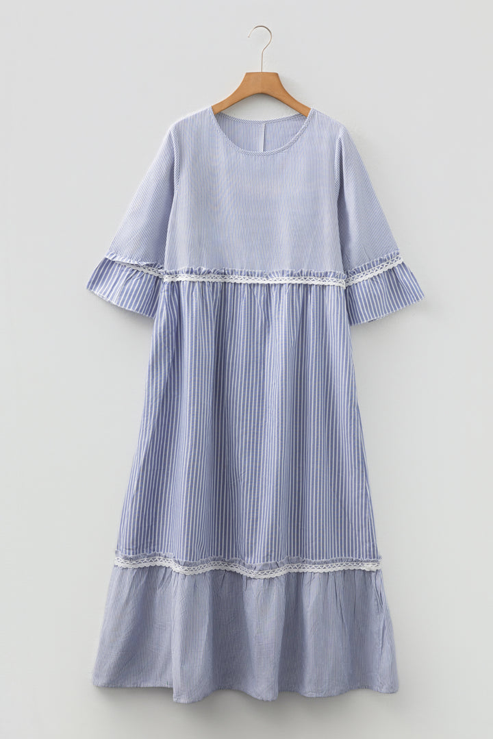 Sky Blue Stripe Patchwork Crossed Lace Detail Bracelet Sleeve Maxi Dress