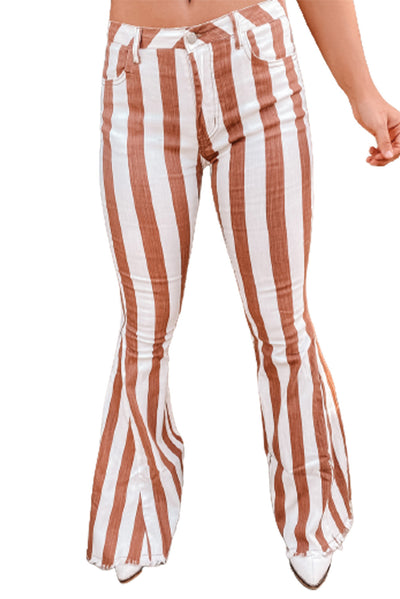 Brown Striped Fringe Bell Bottom Denim Pants