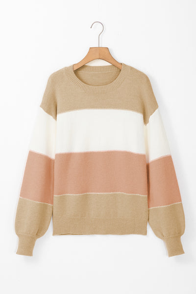 Dusty Pink Color Block Lantern Sleeve Drop Shoulder Sweater