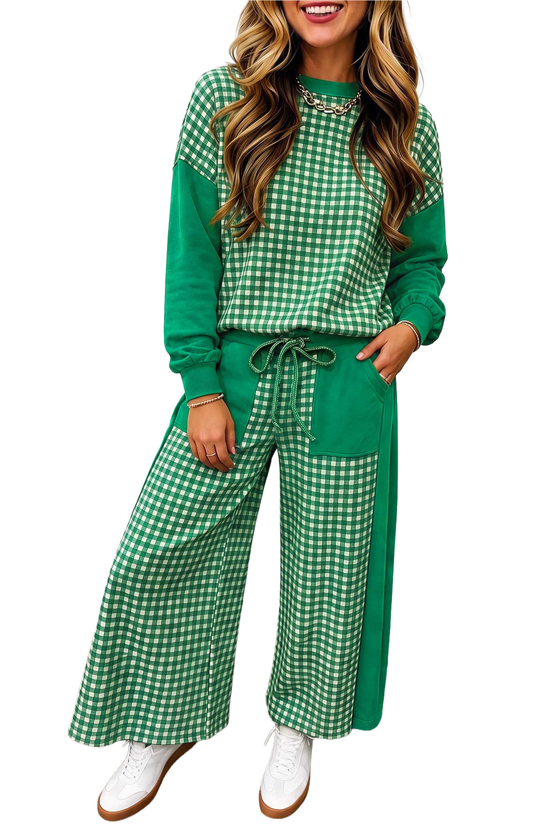 Red Color Block Plaid Patchwork Long Sleeve Pullover Wide Leg Pant Set