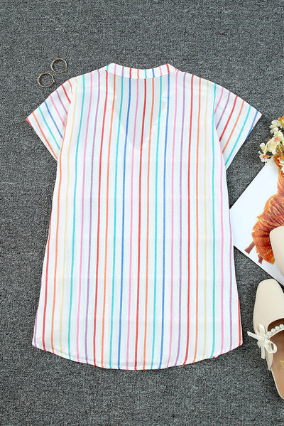 Multicolor Striped Pintuck Tiered Cap Sleeve Blouse