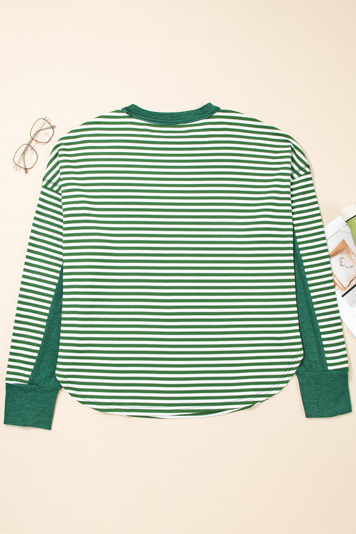 Green Stripe Exposed Seam Patchwork Plus Size Thermal Top